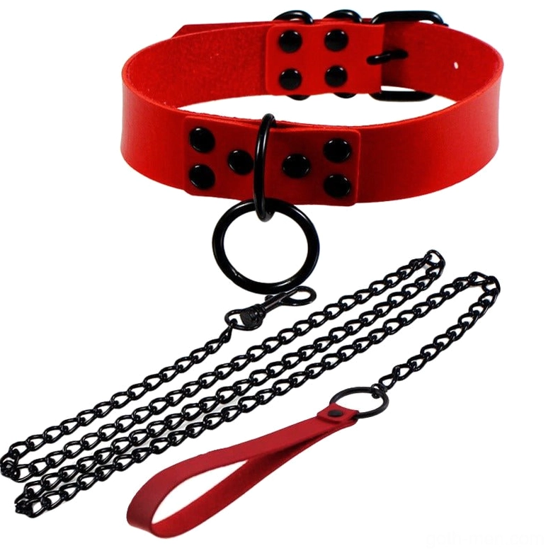 Red PU leather bondage choker with black metal O-ring pendant and adjustable leather leash