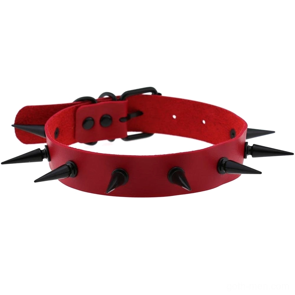 Red leather gothic choker with sharp black metal spikes, statement neck piece