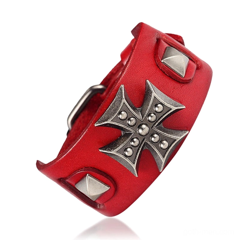 Red genuine leather gothic cross wrap bracelet angled side view with metal cross and pyramid stud accents