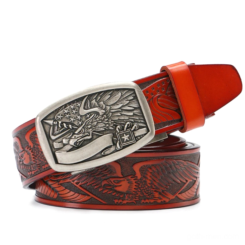 Red gothic eagle leather belt with silver automatic buckle - flat lay overhead view
