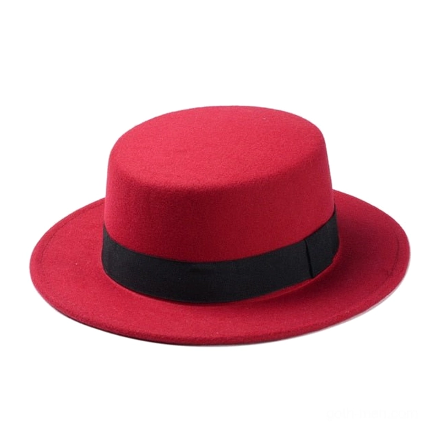 Bright red wool felt flat top fedora with black satin ribbon, front view gothic statement hat