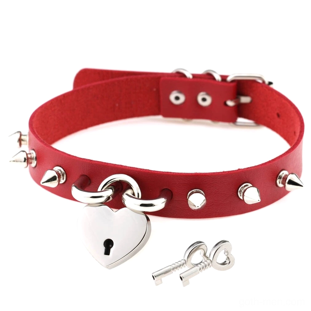 Red gothic heart lock spike choker necklace with decorative spikes and matching silver lock key