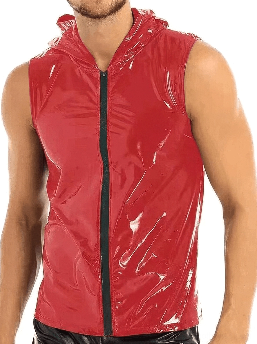 Red glossy faux leather hooded tank vest front view with black metal zipper closure, worn by male model