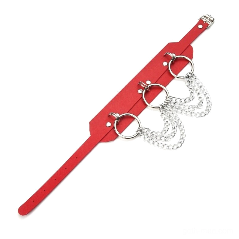 Red PU leather gothic chain choker displaying three O-rings and curb chain design side view