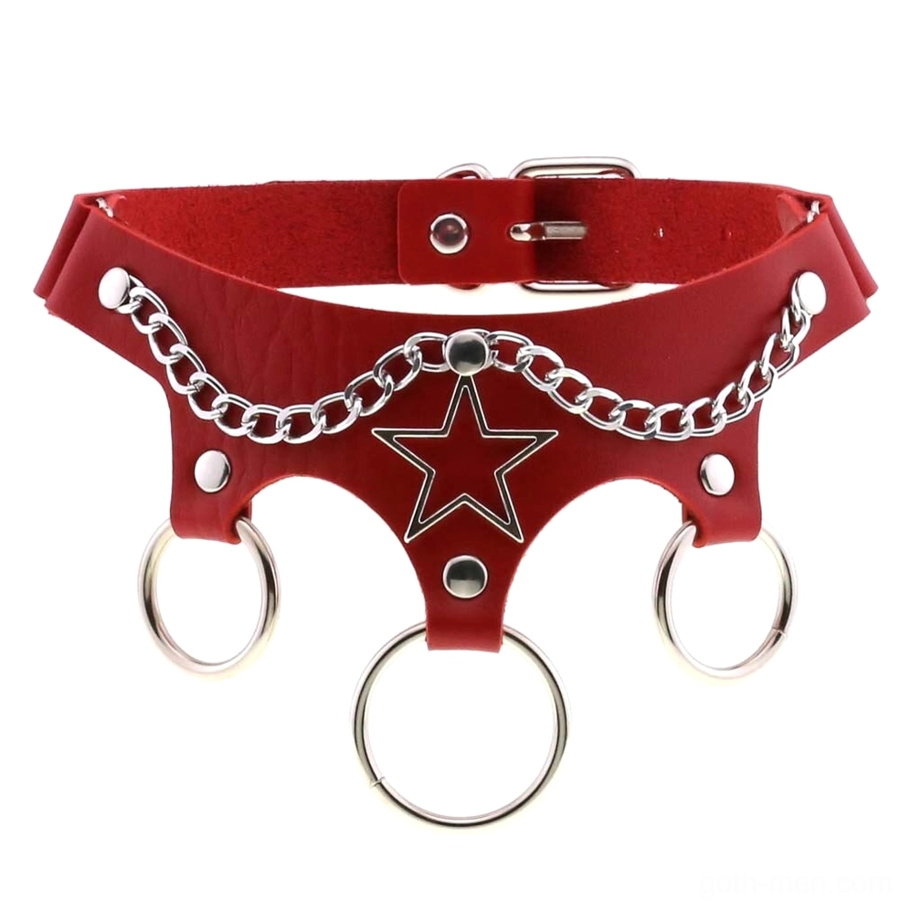 Red leather gothic star choker with decorative chain and rings