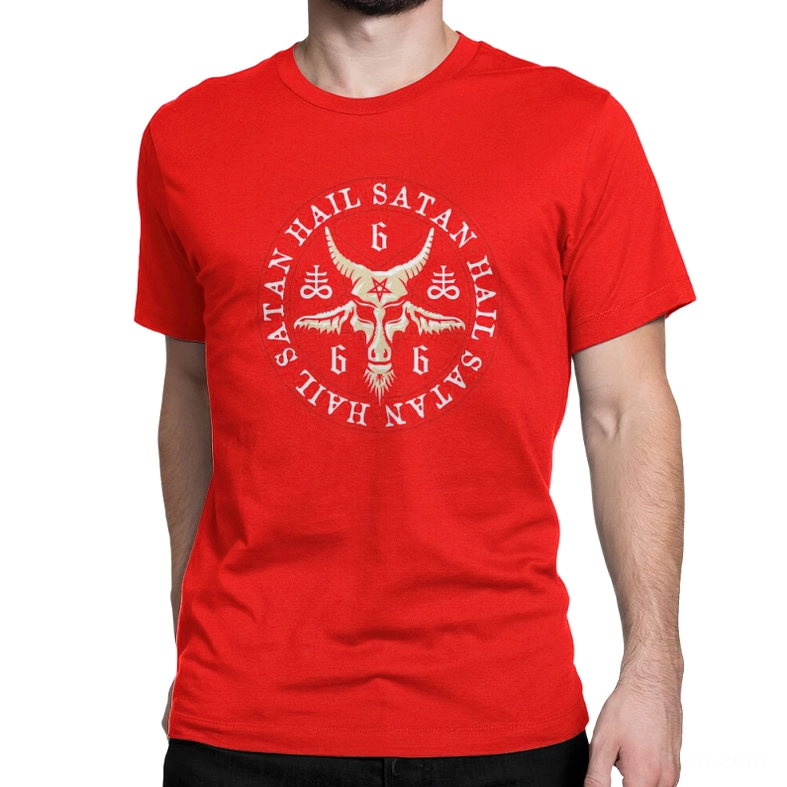 Red gothic pentagram t-shirt with full satanic imagery - bold statement piece for alternative fashion
