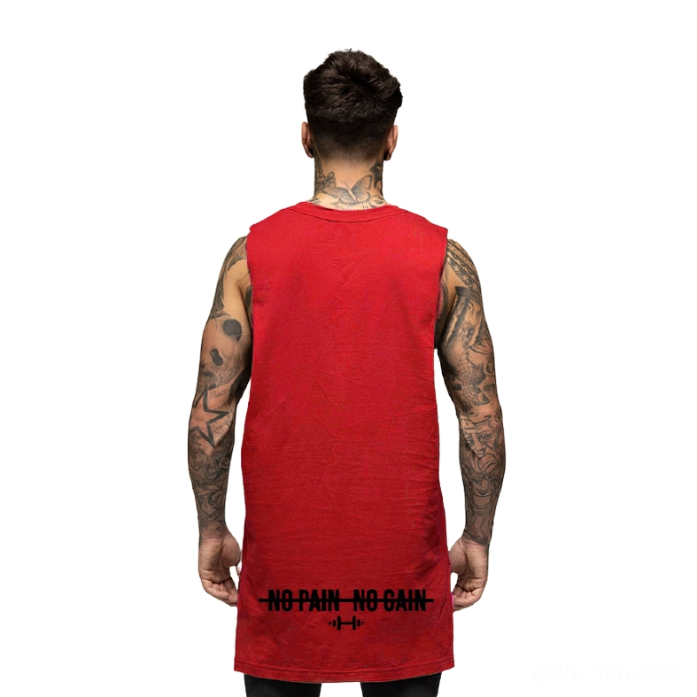 Red gothic sleeveless tank shirt back view - men's vest with NO PAIN NO GAIN back print design