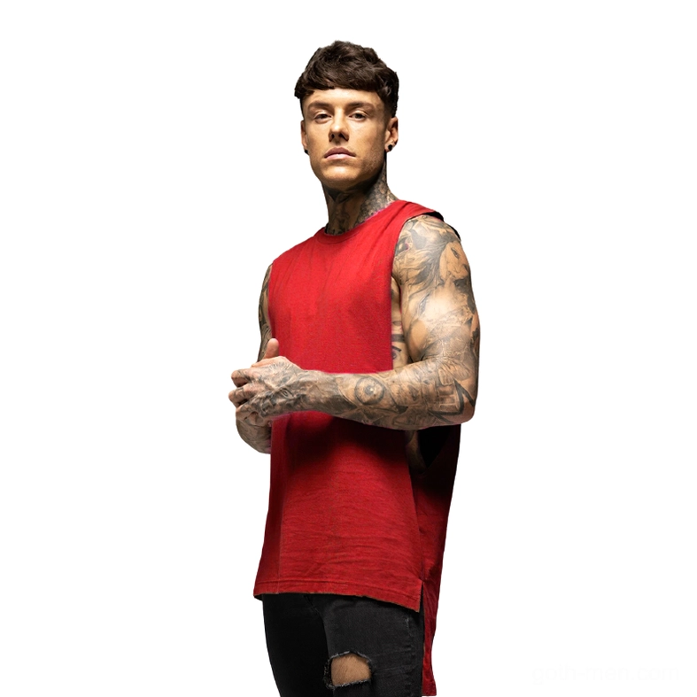 Red gothic cutaway tank top front view - men's sleeveless vest with contemporary streetwear style