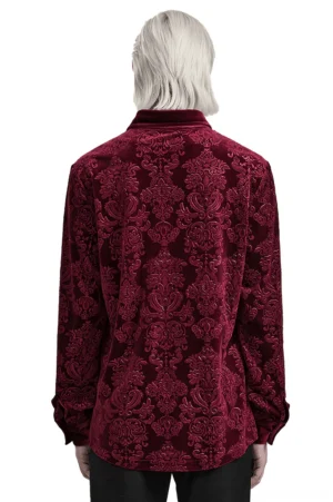 Back view of red gothic velvet formal shirt highlighting full baroque damask embossed pattern across entire back