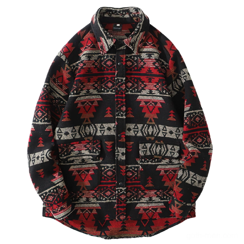 Red gray tribal geometric print gothic shirt front view chest pockets turned-down collar button front