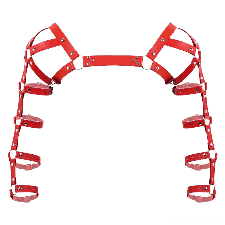 Red gothic leather harness with silver metal hardware multi arm straps studio display