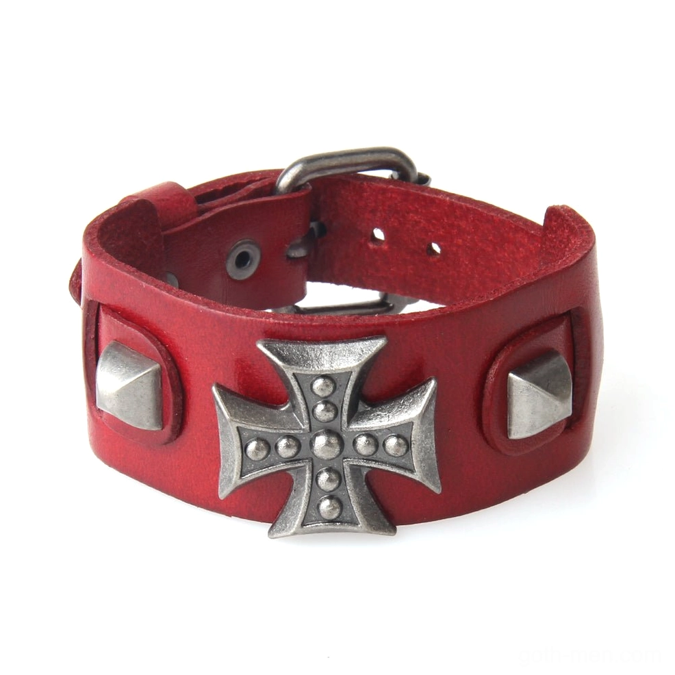 Red leather gothic cross wrap bracelet angled side view showing pyramid studs and metal cross accent