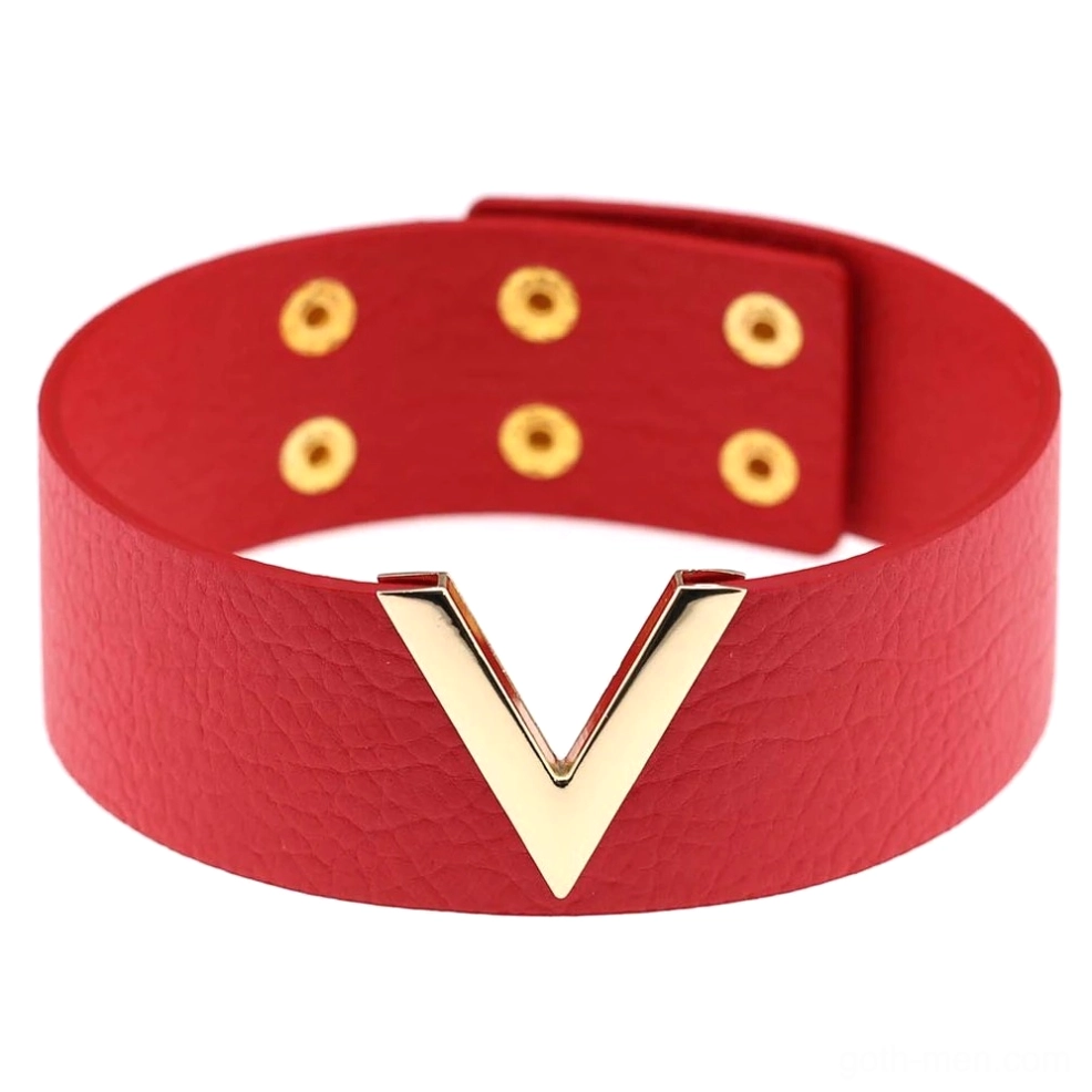 Red leather V-choker with gold metal V accent - dramatic gothic punk necklace