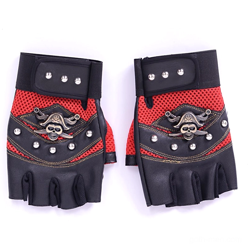 Red mesh punk fingerless gloves with contrast red mesh panel, skull decoration, and metal rivet embellishments flat lay view