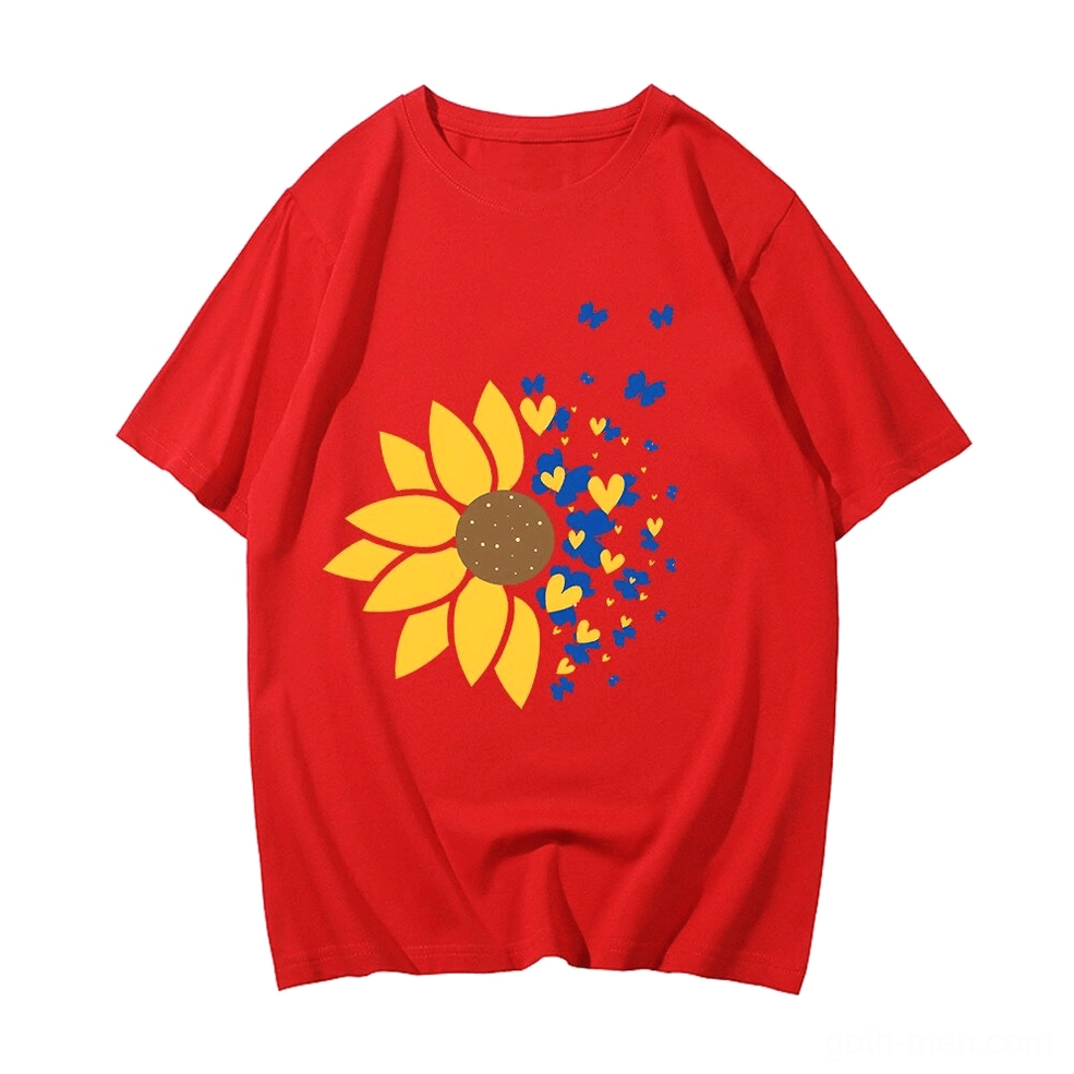Bright red oversized sunflower t-shirt with blue and yellow heart prints, alternative style
