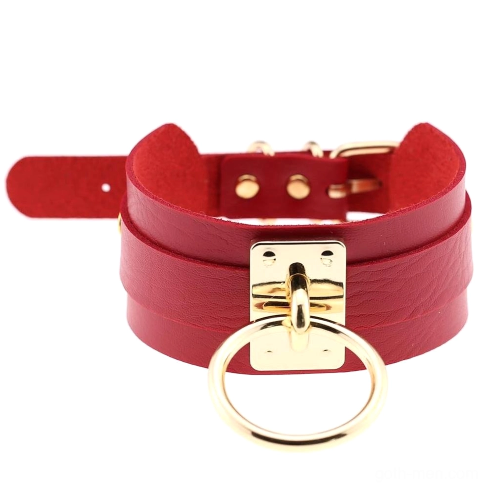 Red PU leather bondage choker with double-layered design and gold O-ring, adjustable gothic necklace
