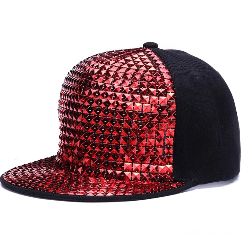 Red bright pyramid studded flat-brim cap showing intense crimson spike decoration