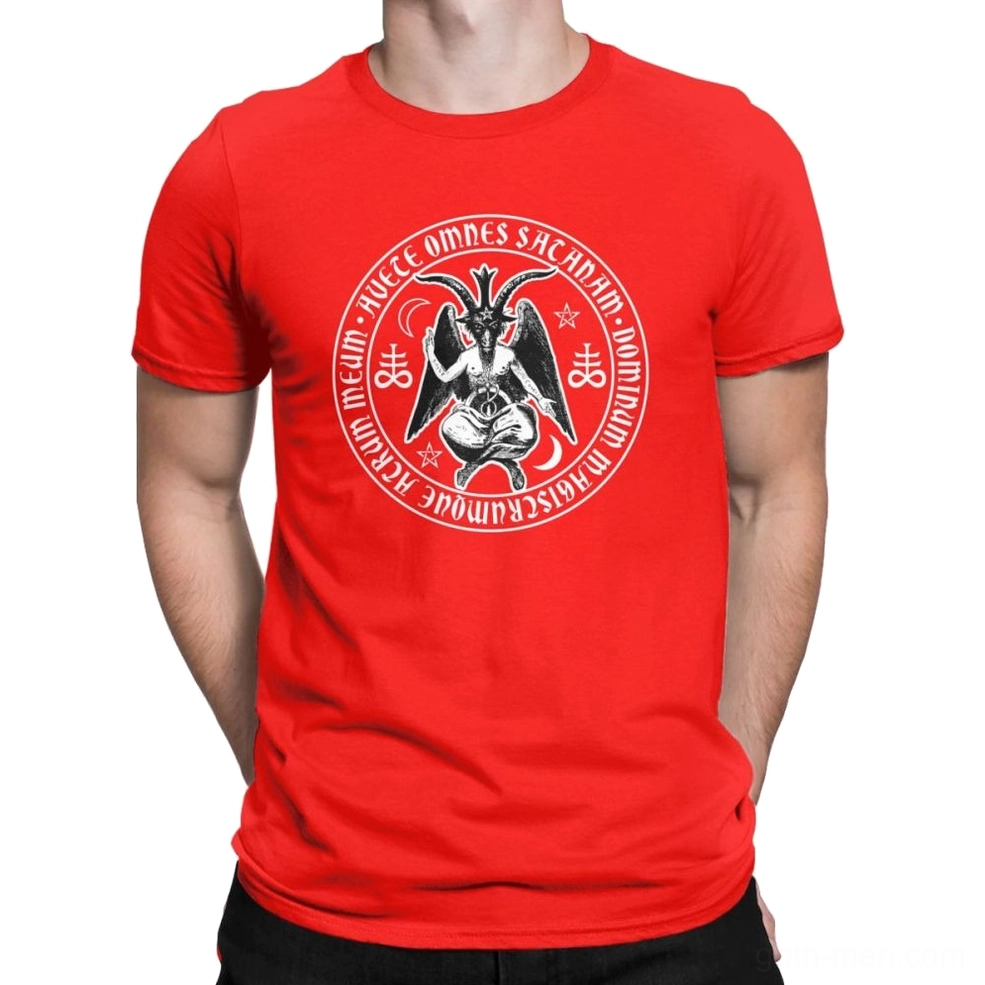Red gothic t-shirt with Baphomet satanic cross circular graphic print, men's alternative wear