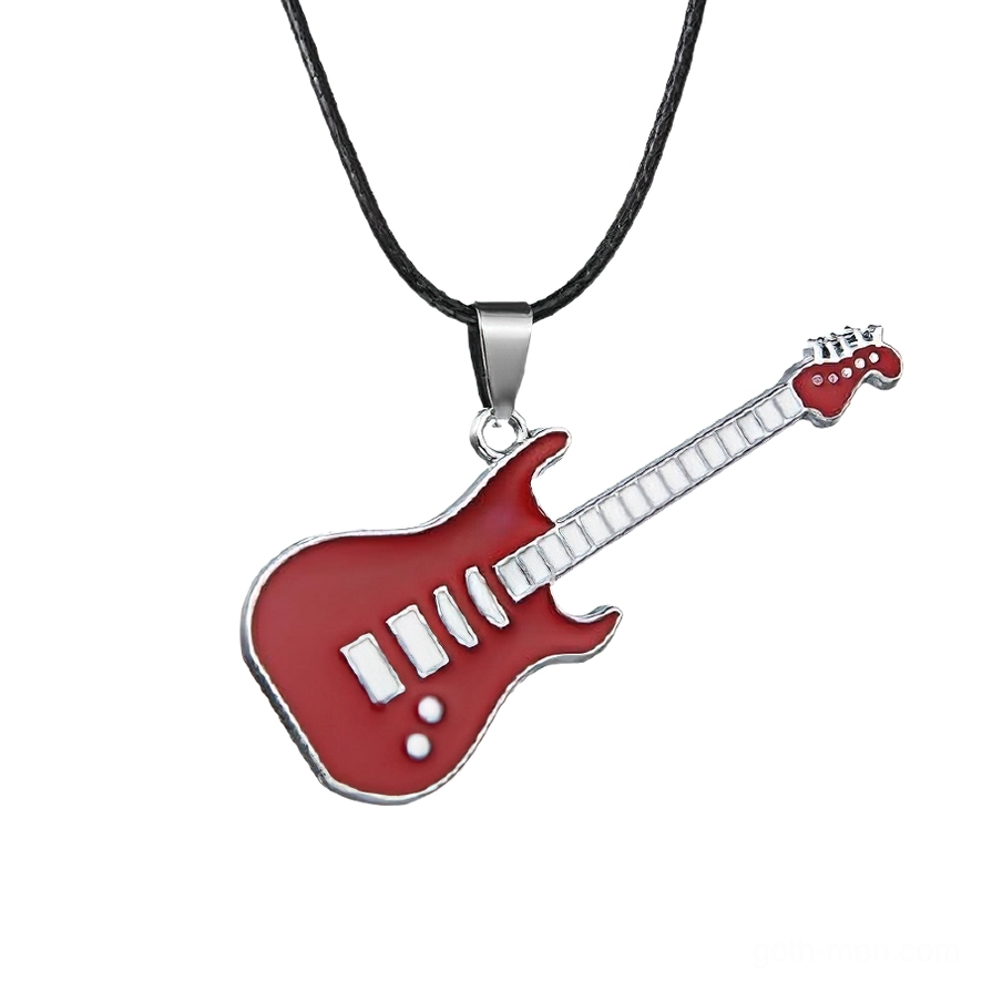 Red and silver electric guitar pendant necklace flat lay with enamel coating