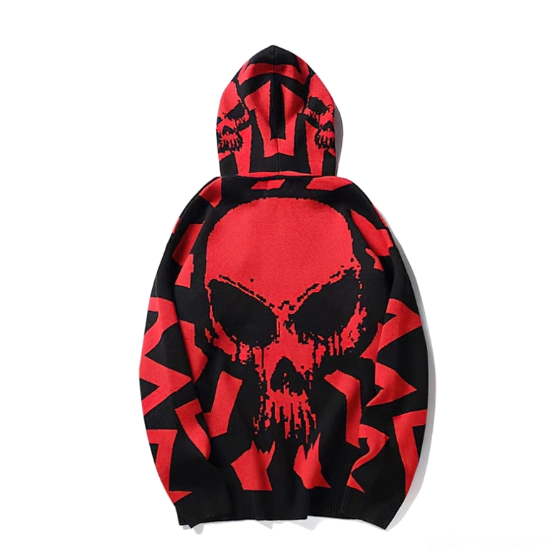 Red skull print hoodie back flat lay - dark red and black geometric knit with large back skull graphic
