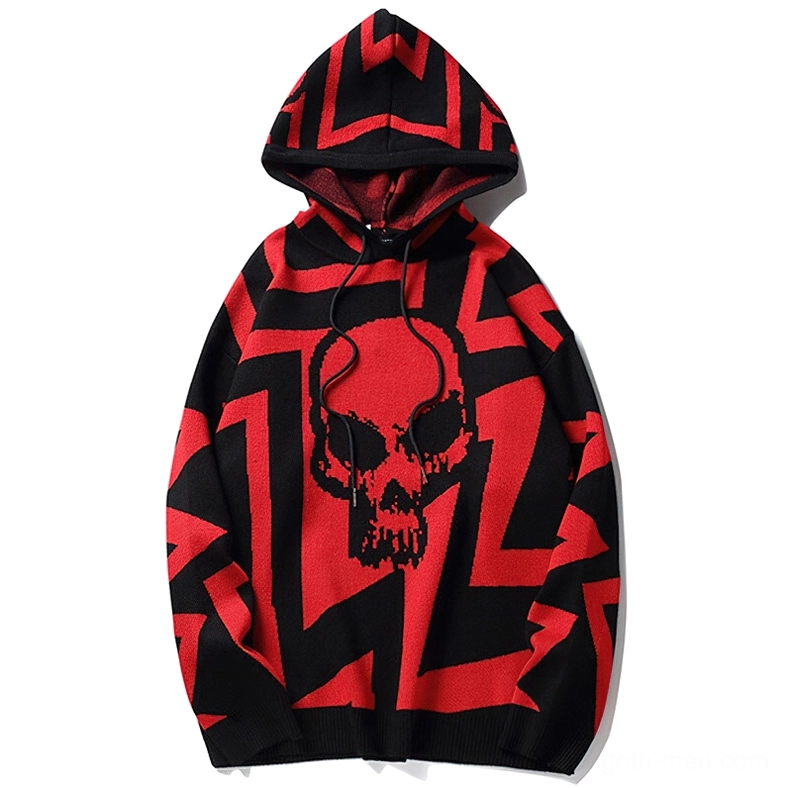Red gothic skull print hoodie front flat lay - blood red and black knit with drawstring hood and front skull design