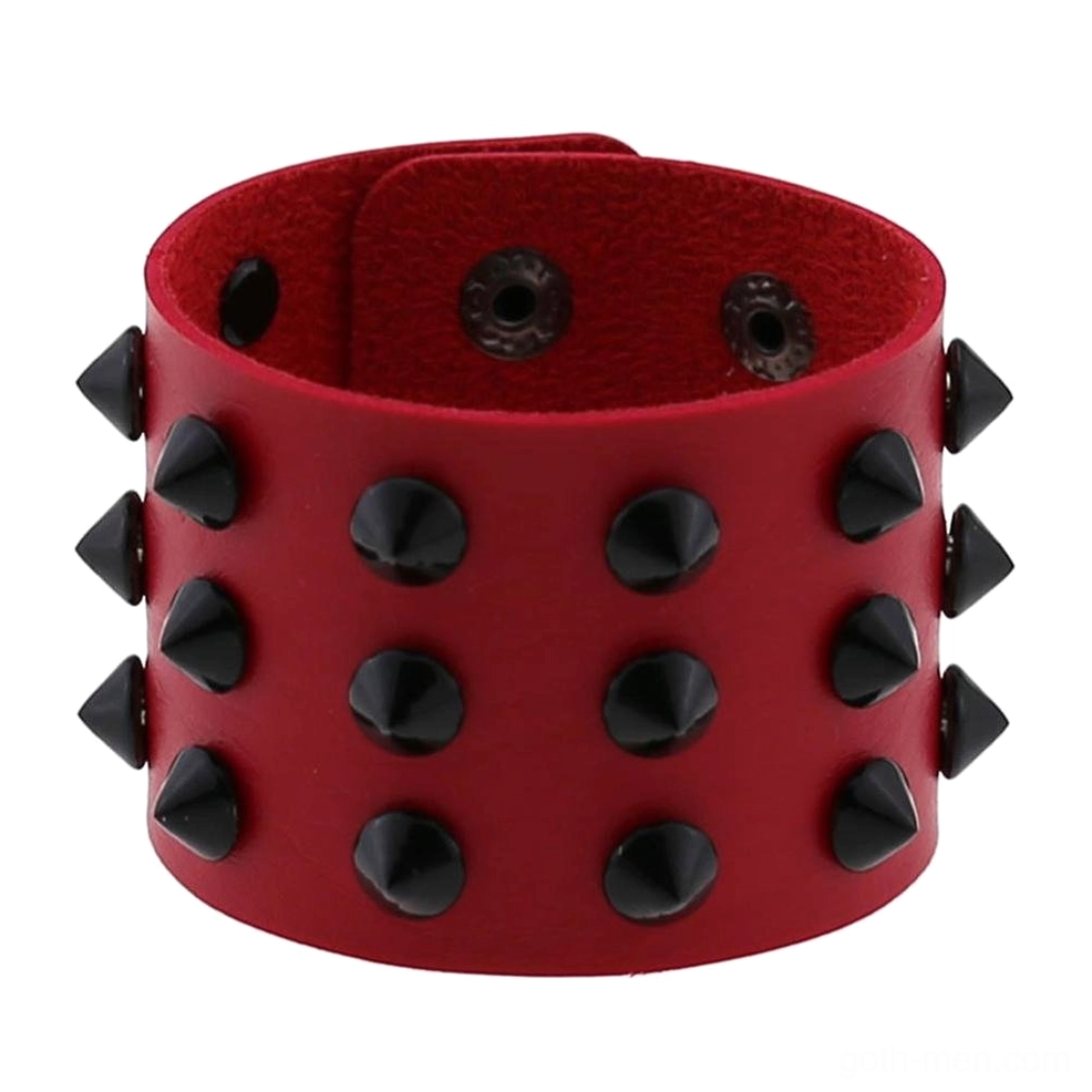 Red vegan leather wide spike wrap bracelet front view featuring triple spike rows