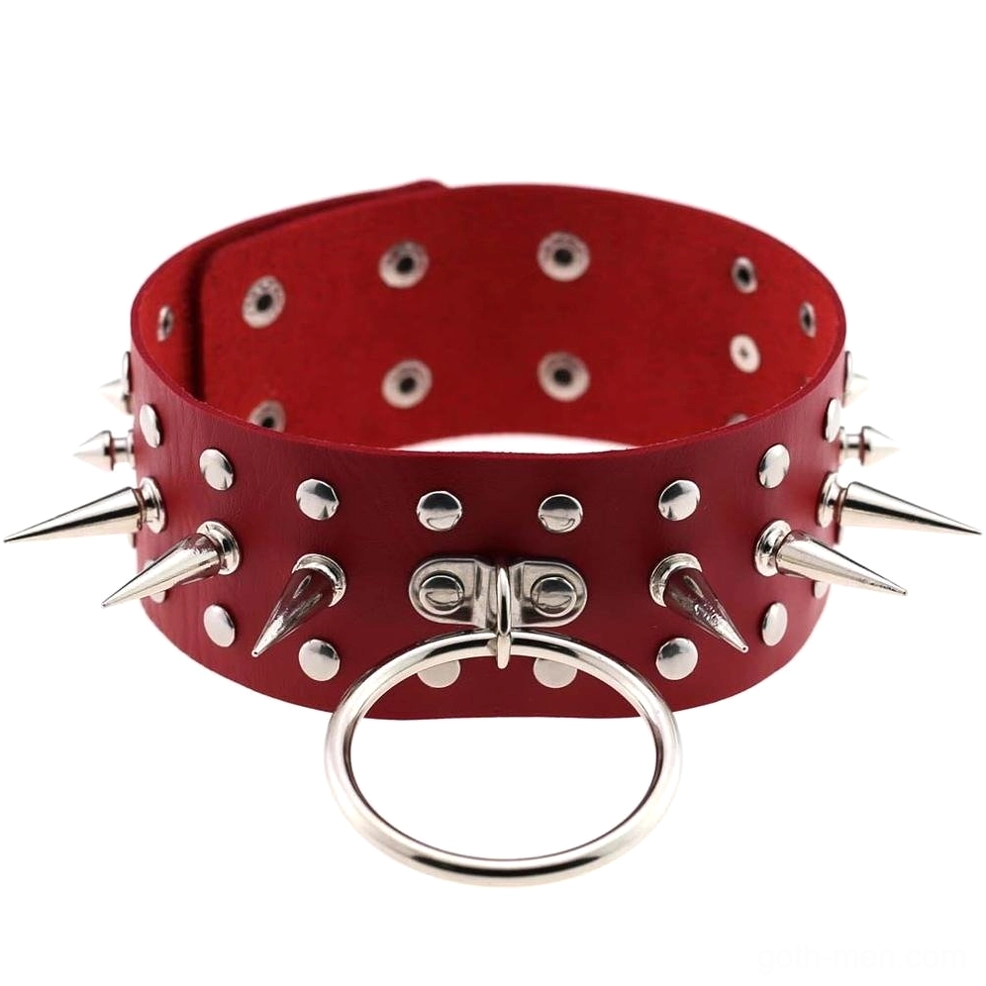 Red oversized gothic spike choker necklace with metal hardware front view