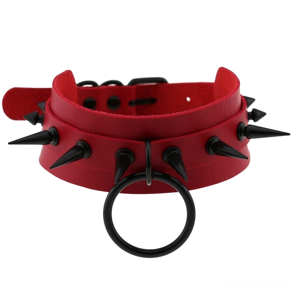 Red studded leather choker with black metal spike studs - vampiric gothic necklace