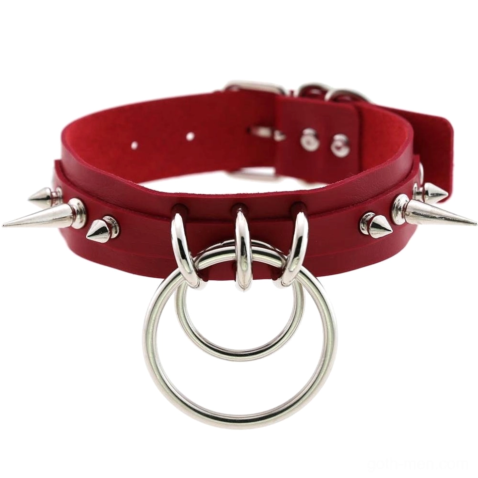 Red spiked leather gothic choker with adjustable buckle and prominent metal spike studs