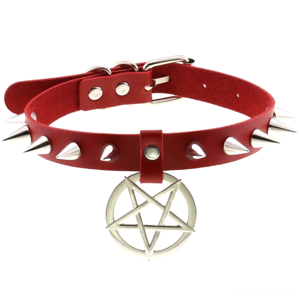Red leather spiked choker with silver pentagram pendant and metal spike accents