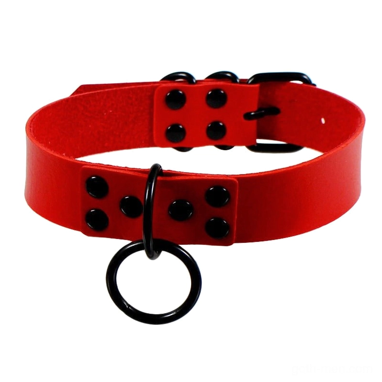 Red thick PU leather gothic choker with double row metal studs and gothic O-ring pendant