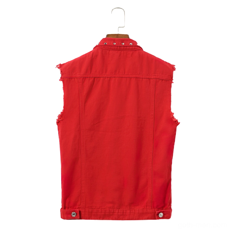 Red studded denim gothic vest back view, showing stud detail and adjustable waist buttons