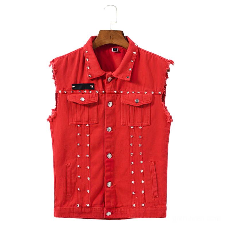 Red studded denim vest fully closed front, gothic biker style with chest pocket flaps and silver studs