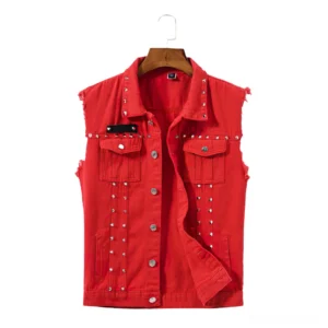Red studded gothic denim vest front view, sleeveless biker jacket with silver cone studs and adjustable waist buttons