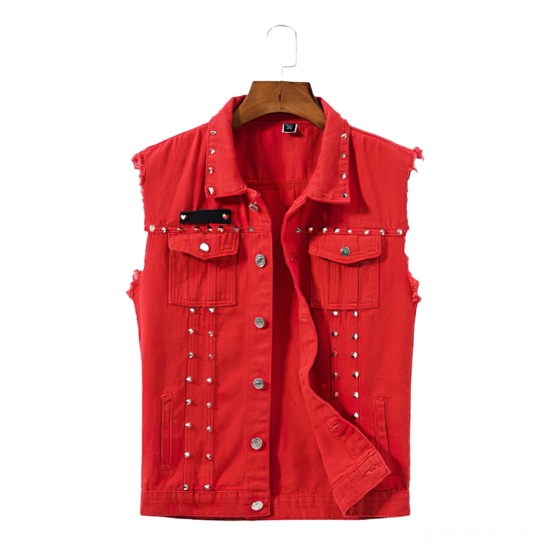Red studded gothic denim vest front view, sleeveless biker jacket with silver cone studs and adjustable waist buttons