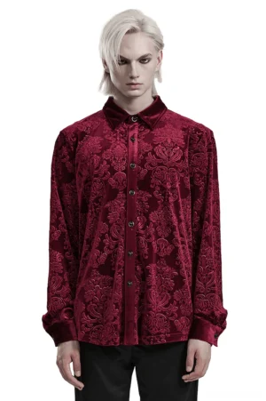 Red velvet gothic damask formal shirt front view on male model, showing embossed burgundy floral pattern and classic collar