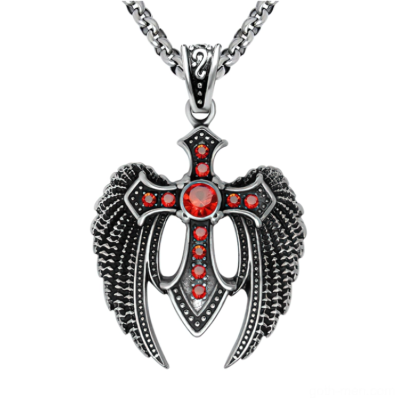 Red gemstone winged cross pendant necklace with silver curb chain gothic jewelry flat lay