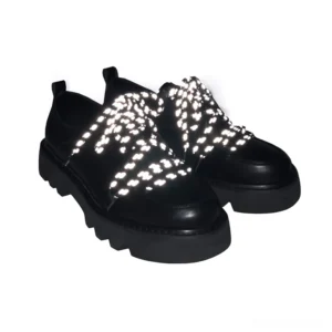 Men's black flatform casual shoes with star-shaped reflective braided laces and industrial tread sole