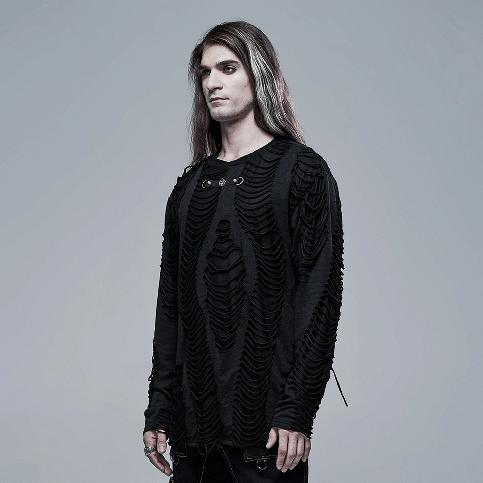 Black gothic distressed long sleeve sweatshirt detail shot of ripped shear panel construction