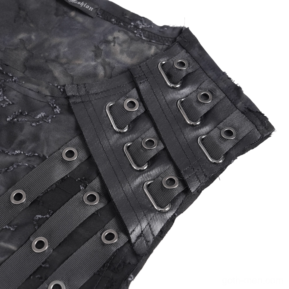Detail shot of faux leather eyelet strap with metal eyelets and buckle accents on gothic tank