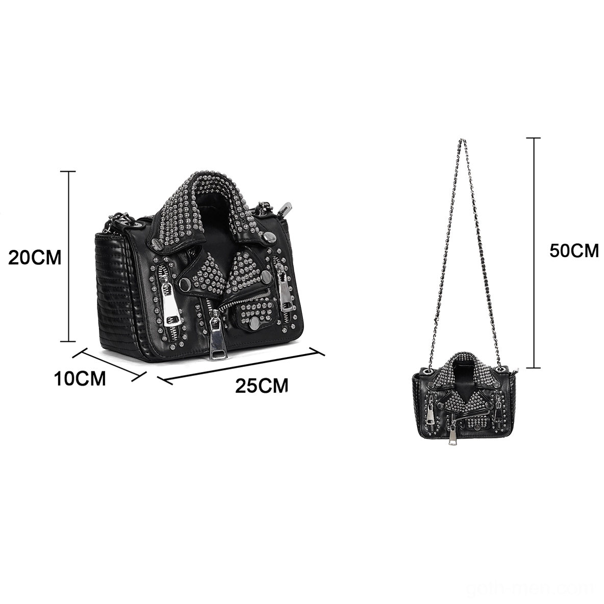 Black gothic biker shoulder bag flat layout showing dimensions measurements and strap length specifications