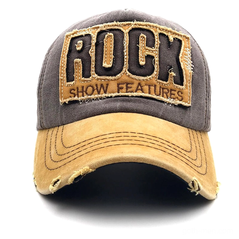 Distressed cotton ROCK cap featuring brown-grey crown with tan brim and embroidered patch detail
