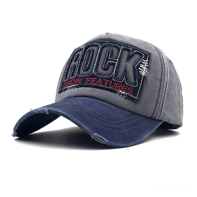 Adjustable gothic ROCK baseball cap in grey and navy colorway with distressed brim styling