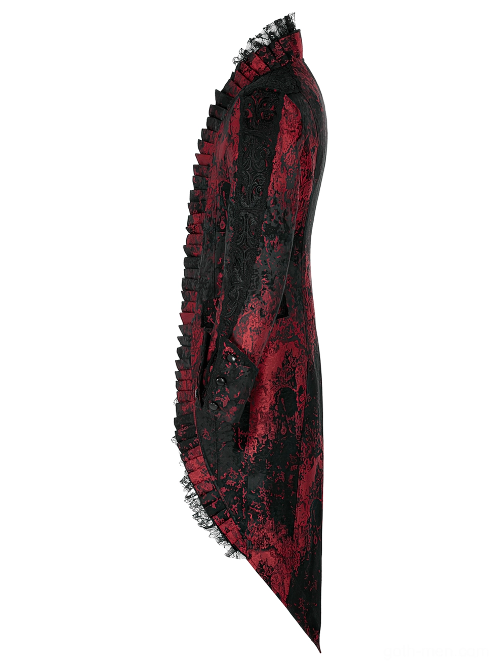 Side flat lay view of wine red rococo gothic coat with tailored silhouette and jacquard texture