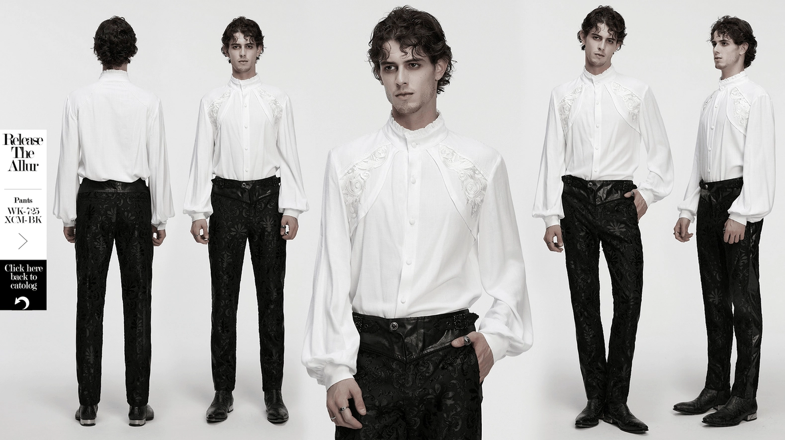 Romantic gothic white embroidered shirt full body view demonstrating loose fit and dramatic silhouette