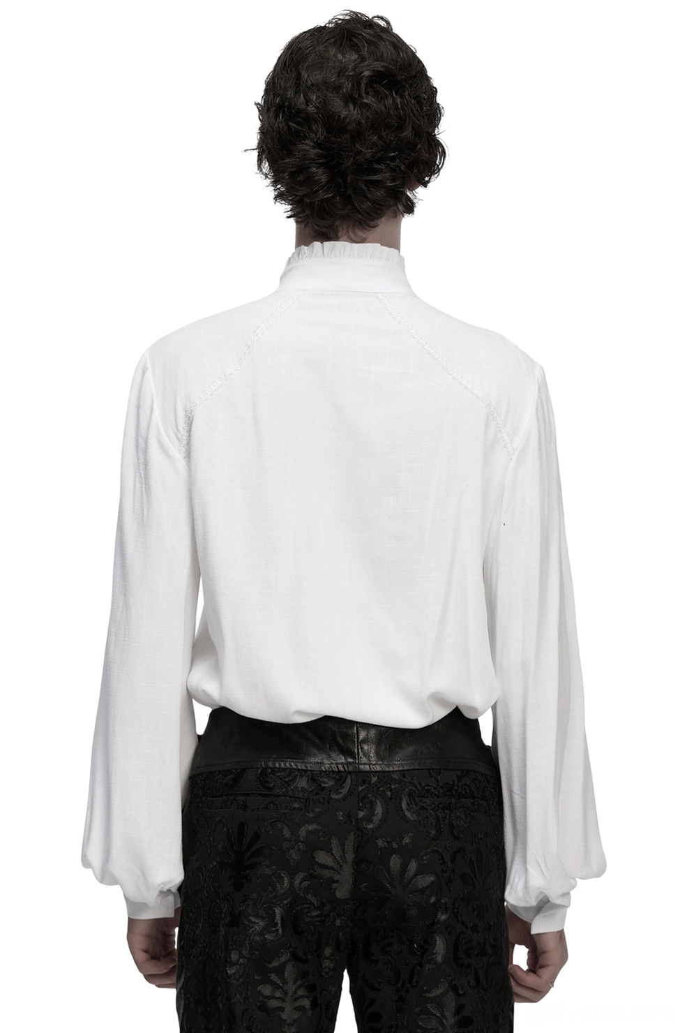 Victorian gothic white embroidered shirt rear view showing raglan sleeves and plain back silhouette