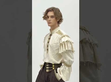Side profile of gothic ruffled linen shirt with dramatic bell sleeves