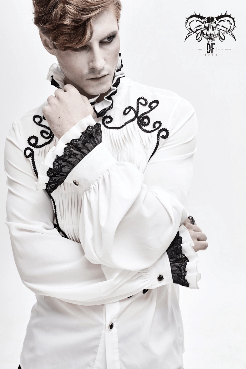 Men's romantic white gothic lace shirt with all design elements visible - alternate full view