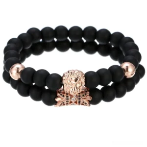 Rose gold lion head gothic bracelet with black stone beads - unisex charm bracelet