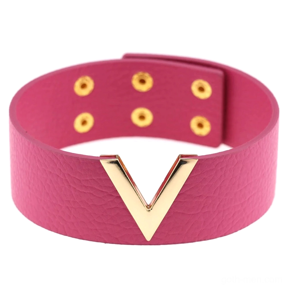 Rose pink leather V-choker with gold eyelet detail - gothic alternative accessory